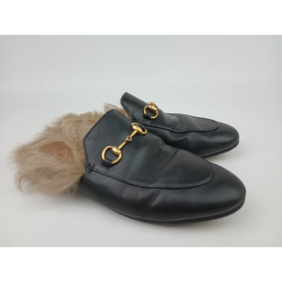 Gucci Black Princetown Leather Fur Shearling Loafer Slide Mule Size 37 EU - Picture 1 of 7